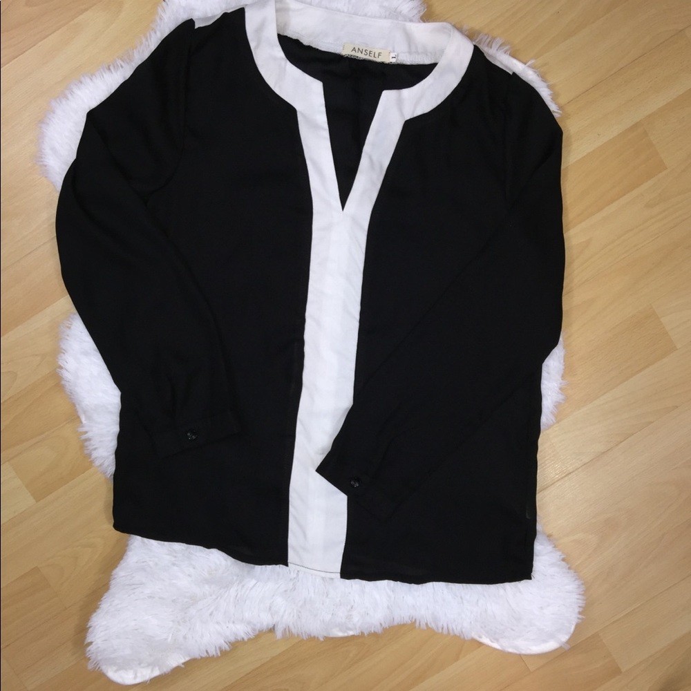 Women's Black White Blouse Long Sleeve Sheer Top